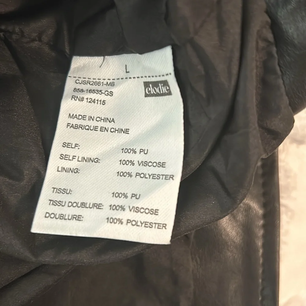 Eloide Faux leather Moto Jacket, black, silver zip, women’s size Large.